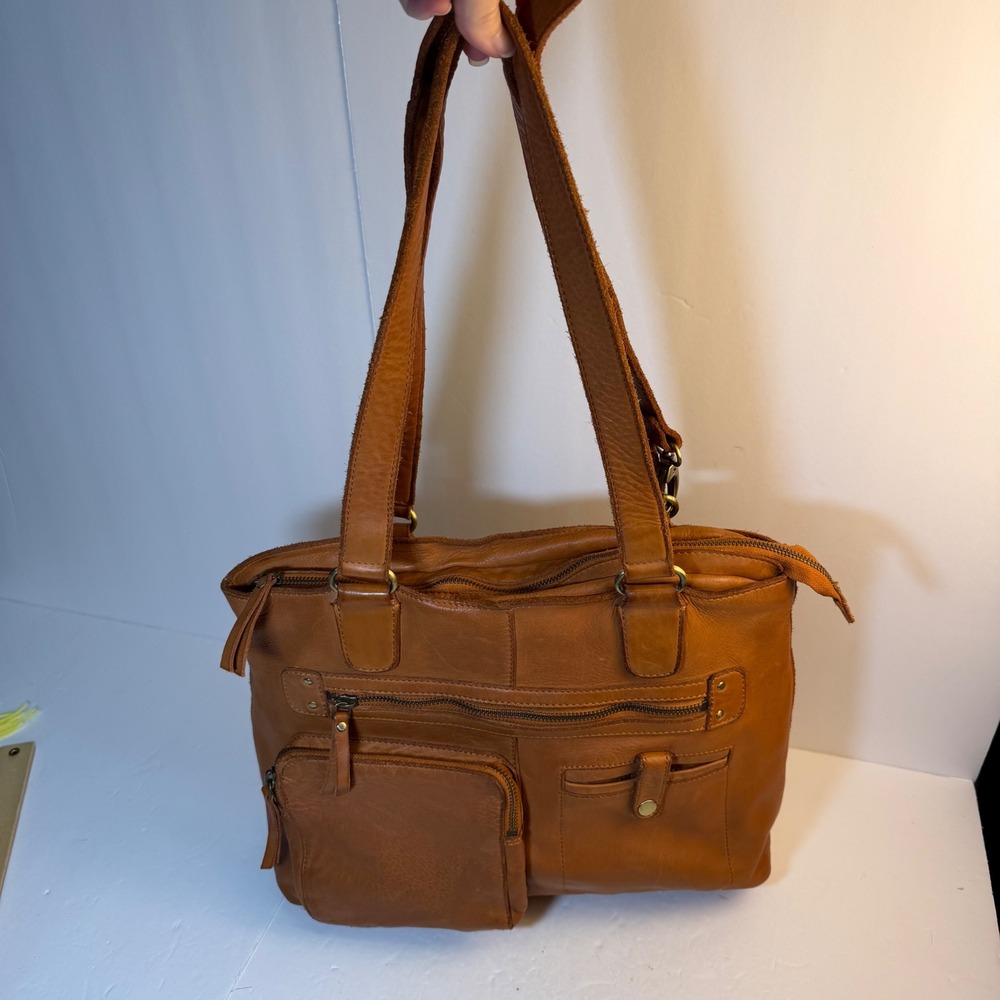 Marta Ponti Portugal Cognac Brown Leather Shoulder Bag Multi Pocket Tote